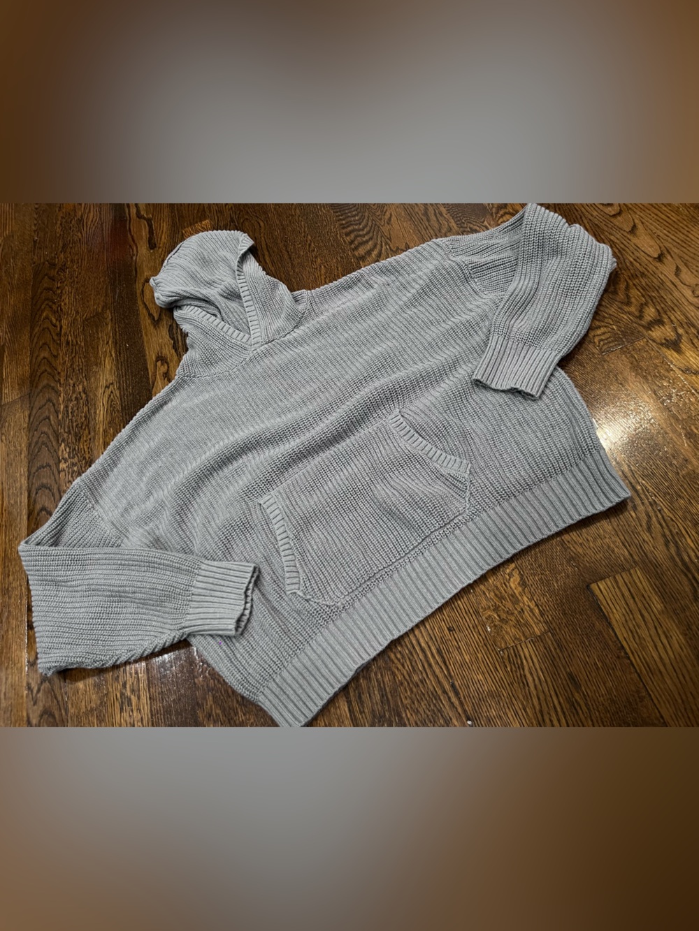 Light Gray Knit Hoodie Sweater with Front Pocket - Women's
